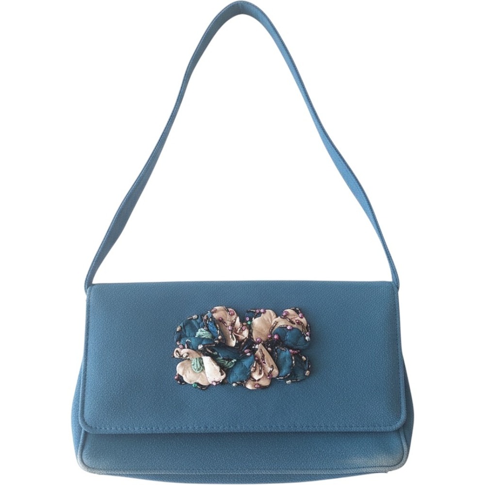 Teal Blue Faux Suede Beaded Floral Baguette Shoulder‎ Bag Evening Purse